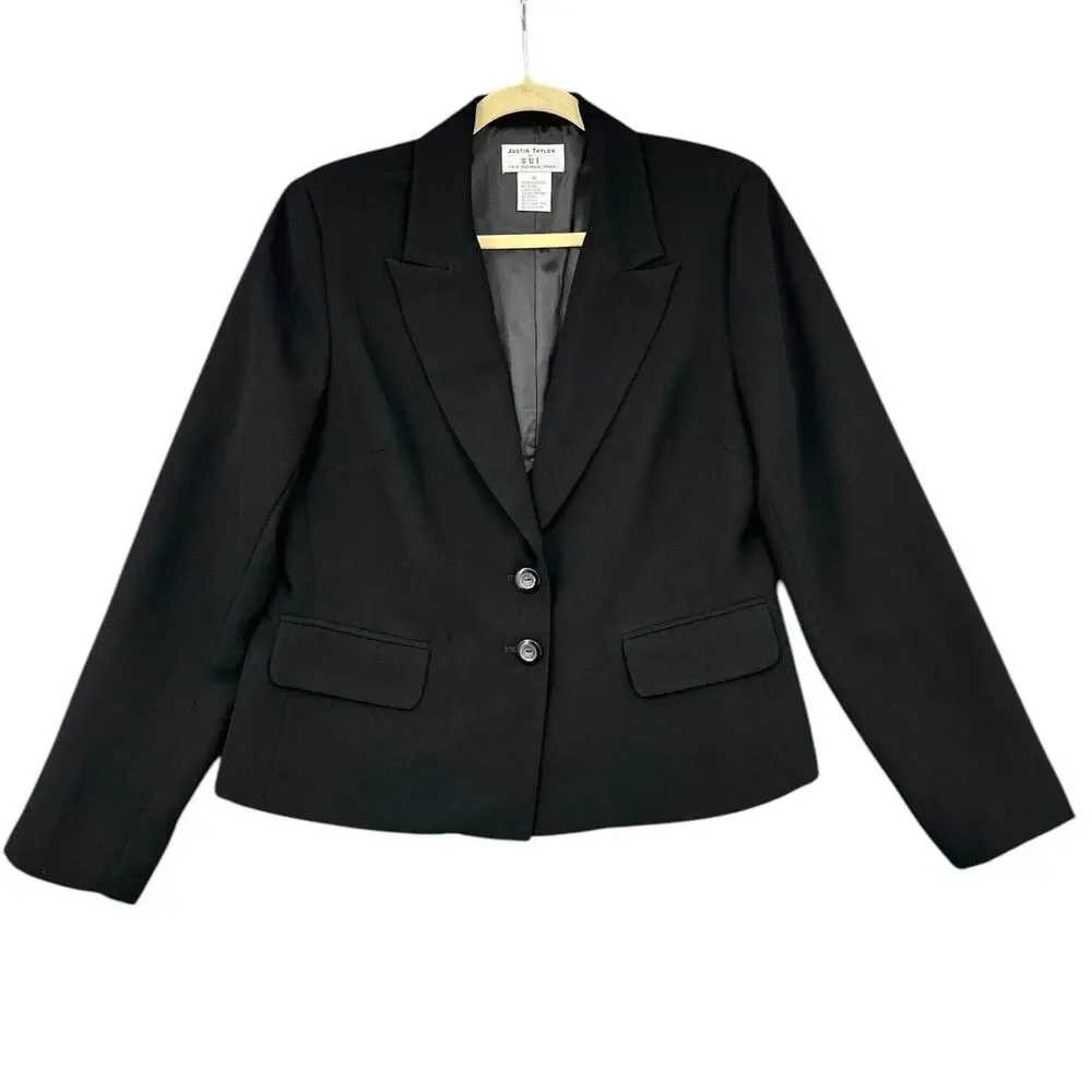 Justin Taylor For SUI Vintage Black Notched Lapel Blazer 2-Button Jacket Size 10